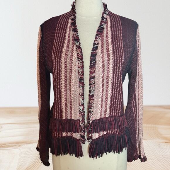 Nic + Zoe City of Dreams Fringe Cardigan Sweater Jacket Sz L Black and Burgundy - Picture 1 of 12